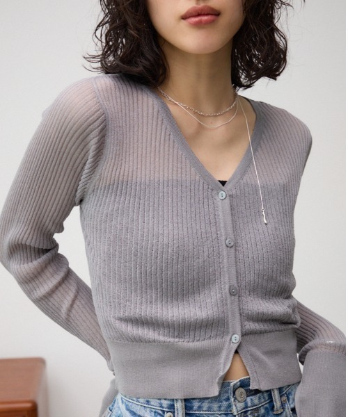 AZUL by moussy（アズールバイマウジー）の「シアーリブショートカーデ（カーディガン/ボレロ・レディース・グレー/レッド/ブラック/ライトブルー・FREE）」の3枚目の写真