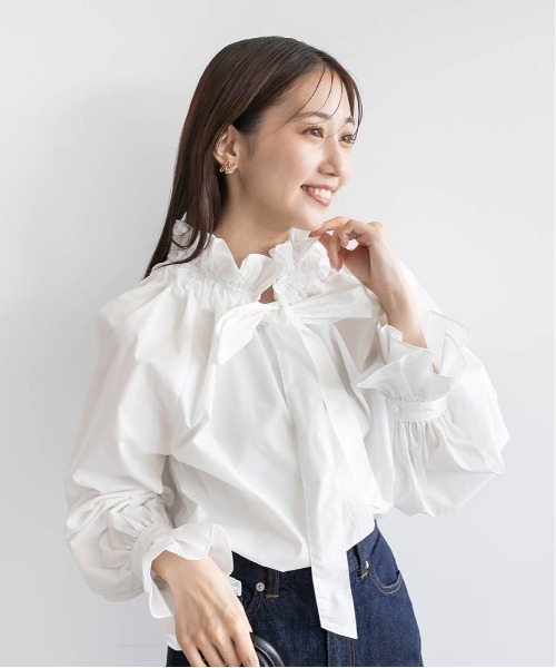 RANDA（ランダ）の「ボウタイフリルシャツブラウス（シャツ/ブラウス・レディース・ネイビー/ブルー/ホワイト・FREE）」の4枚目の写真