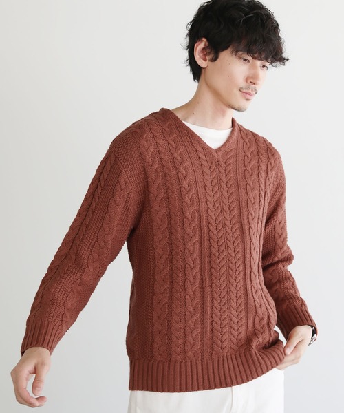 SPU（スプ）の「セミワイドシルエットケーブル編みVネックニット（ニット/セーター・メンズ・テラコッタ/ベージュ系/チャコール/モカ/ネイビー/ブラック/ブルーグレー/カーキ/ワイン/オフホワイト/杢グレー・S/M/L/XL）」の18枚目の写真