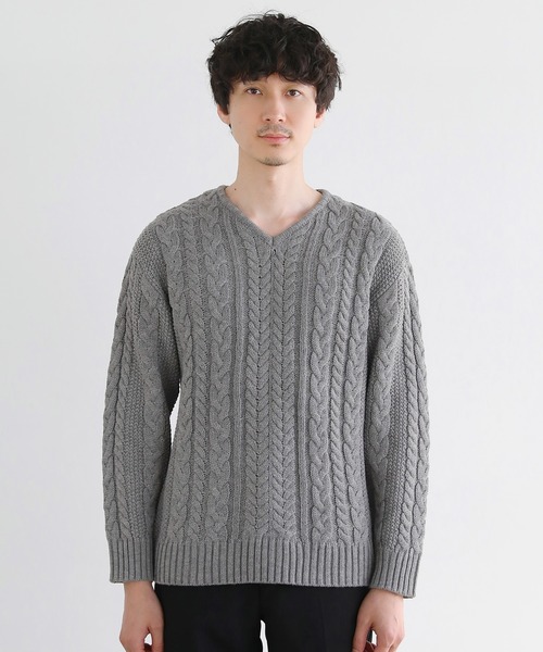 SPU（スプ）の「セミワイドシルエットケーブル編みVネックニット（ニット/セーター・メンズ・テラコッタ/ベージュ系/チャコール/モカ/ネイビー/ブラック/ブルーグレー/カーキ/ワイン/オフホワイト/杢グレー・S/M/L/XL）」の21枚目の写真