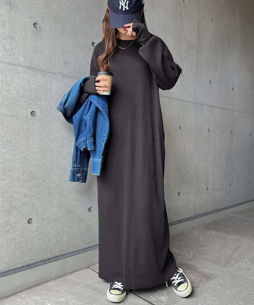 HEBANE ロングワンピース ネイビーセルフカット可能MORE ME企画 セルフカットリブサムホール長袖ロングワンピース（ワンピース