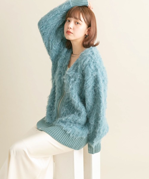 KBF MIXシャギーカーディガン　グリーン系　 ルミネ限定 予約]クルーネックランダムシャギーカーディガン/グリーン – Lumier