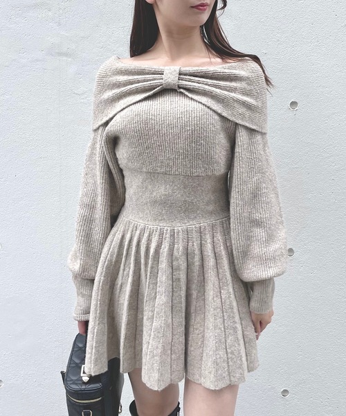 NOMAE（ノーマエ）の「リボンオフショルニットミニワンピース