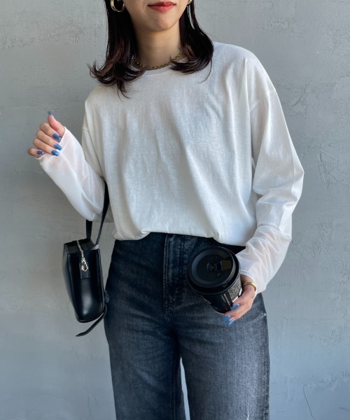nenom（ネノム）の「[nenom/ネノム] 袖チュール切り替え シアートップス【追加】（Tシャツ/カットソー・レディース・ブラック/オフホワイト/ライトグレー・F）」の8枚目の写真