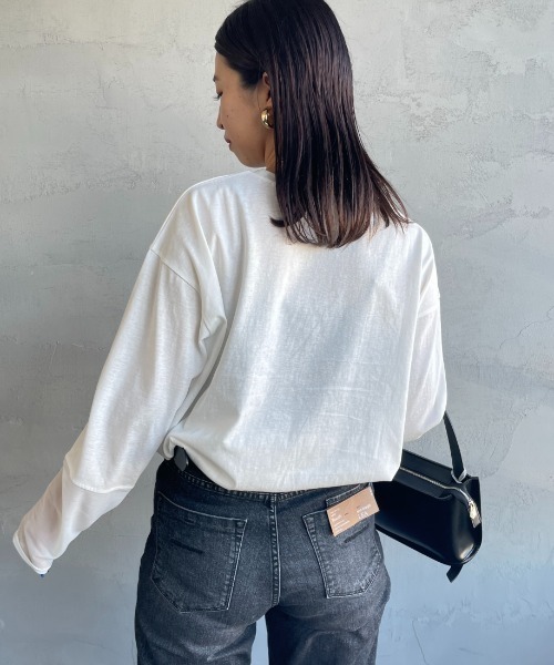nenom（ネノム）の「[nenom/ネノム] 袖チュール切り替え シアートップス【追加】（Tシャツ/カットソー・レディース・ブラック/オフホワイト/ライトグレー・F）」の9枚目の写真