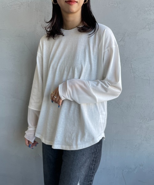 nenom（ネノム）の「[nenom/ネノム] 袖チュール切り替え シアートップス【追加】（Tシャツ/カットソー・レディース・ブラック/オフホワイト/ライトグレー・F）」の12枚目の写真