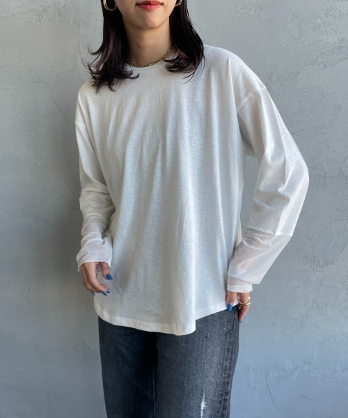 nenom（ネノム）の「[nenom/ネノム] 袖チュール切り替え シアートップス【追加】（Tシャツ/カットソー・レディース・ブラック/オフホワイト/ライトグレー・F）」の13枚目の写真