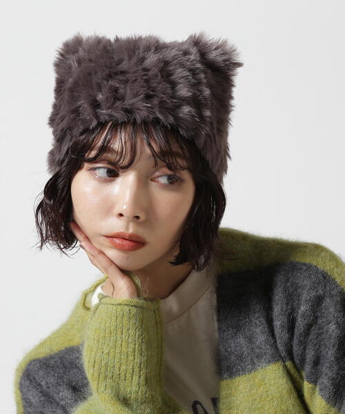 Chica（チカ）の「Chica/チカ/猫耳ファーニット帽（ニットキャップ/ビーニー・レディース・グレー/ブラック・F）」の2枚目の写真
