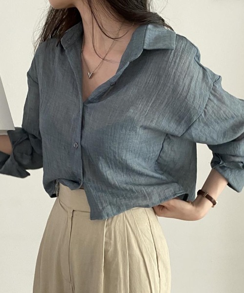 Teem Store(チームストア)の「リネンライク ショート シースルールーズシャツ 透け感(シャツ/ブラウス・レディース・ライトグリーン/ホワイト/ブルー/グレー・M/L)」の4枚目の写真