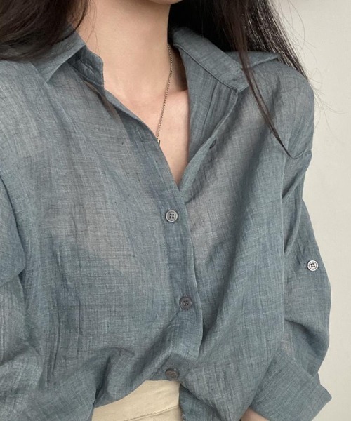 Teem Store(チームストア)の「リネンライク ショート シースルールーズシャツ 透け感(シャツ/ブラウス・レディース・ライトグリーン/ホワイト/ブルー/グレー・M/L)」の16枚目の写真