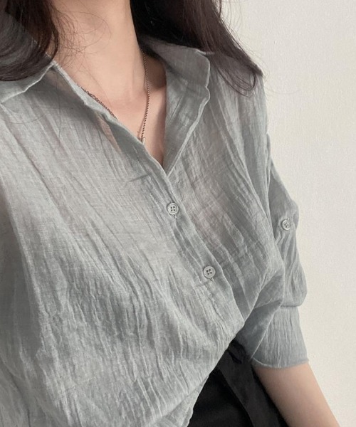 Teem Store(チームストア)の「リネンライク ショート シースルールーズシャツ 透け感(シャツ/ブラウス・レディース・ライトグリーン/ホワイト/ブルー/グレー・M/L)」の11枚目の写真