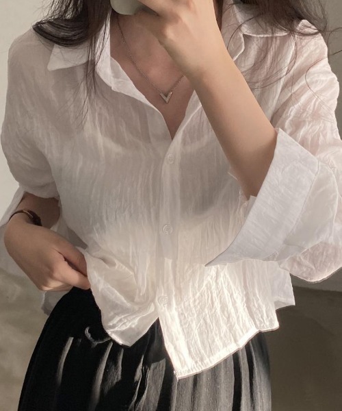 Teem Store(チームストア)の「リネンライク ショート シースルールーズシャツ 透け感(シャツ/ブラウス・レディース・ライトグリーン/ホワイト/ブルー/グレー・M/L)」の8枚目の写真