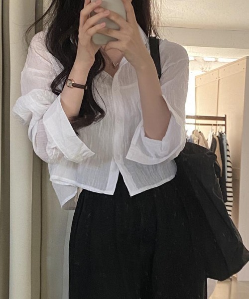 Teem Store(チームストア)の「リネンライク ショート シースルールーズシャツ 透け感(シャツ/ブラウス・レディース・ライトグリーン/ホワイト/ブルー/グレー・M/L)」の9枚目の写真