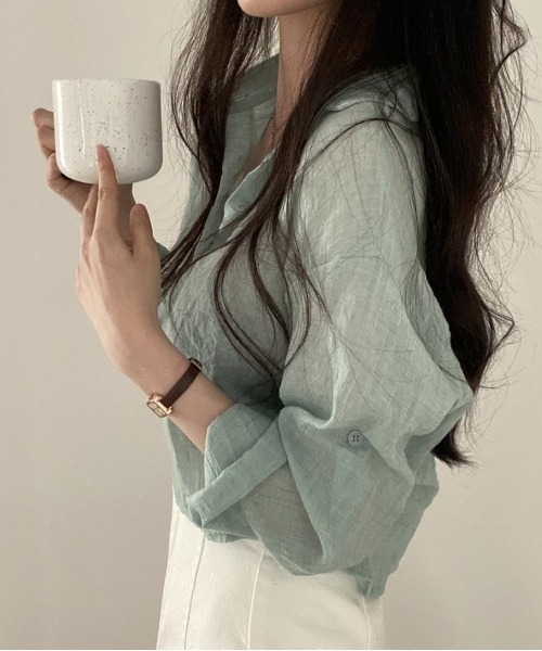 Teem Store(チームストア)の「リネンライク ショート シースルールーズシャツ 透け感(シャツ/ブラウス・レディース・ライトグリーン/ホワイト/ブルー/グレー・M/L)」の13枚目の写真