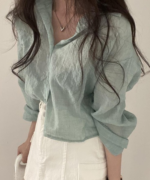 Teem Store(チームストア)の「リネンライク ショート シースルールーズシャツ 透け感(シャツ/ブラウス・レディース・ライトグリーン/ホワイト/ブルー/グレー・M/L)」の15枚目の写真