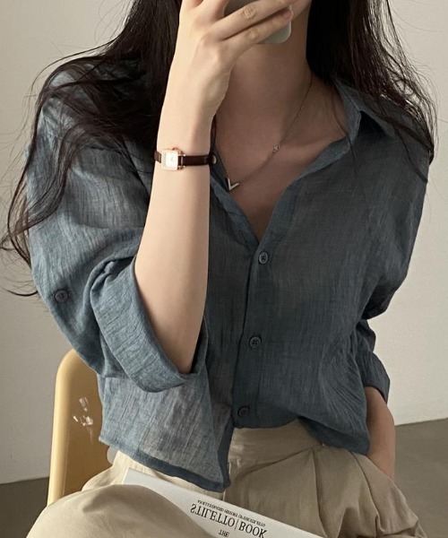 Teem Store(チームストア)の「リネンライク ショート シースルールーズシャツ 透け感(シャツ/ブラウス・レディース・ライトグリーン/ホワイト/ブルー/グレー・M/L)」の5枚目の写真
