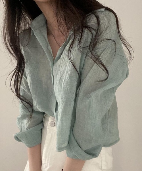 Teem Store(チームストア)の「リネンライク ショート シースルールーズシャツ 透け感(シャツ/ブラウス・レディース・ライトグリーン/ホワイト/ブルー/グレー・M/L)」の6枚目の写真