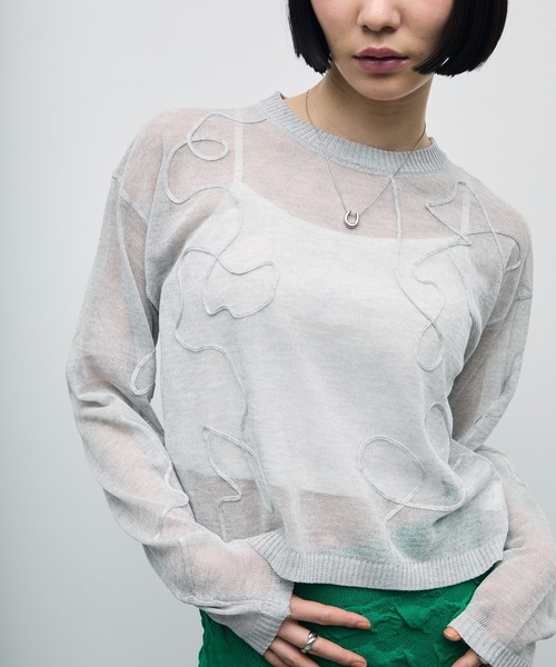コード刺繍入り線柄ニットプルオーバー（ニット/セーター
