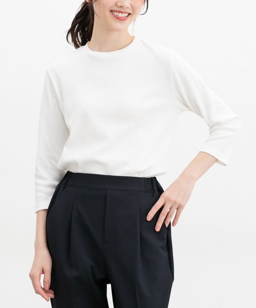 Honeys(ハニーズ)の「【UVカット】7分袖テレコTシャツ(Tシャツ/カットソー・レディース・オフホワイト/ライトイエロー/グレイッシュベージュ/ブラック/ライトピンク/ミント・L/LL/M/S)」の2枚目の写真