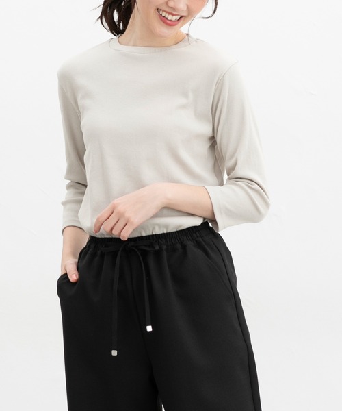 Honeys(ハニーズ)の「【UVカット】7分袖テレコTシャツ(Tシャツ/カットソー・レディース・オフホワイト/ライトイエロー/グレイッシュベージュ/ブラック/ライトピンク/ミント・L/LL/M/S)」の4枚目の写真