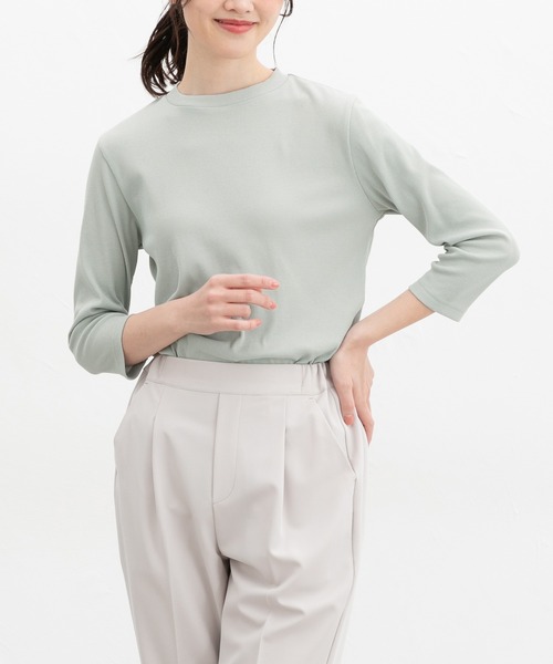 Honeys(ハニーズ)の「【UVカット】7分袖テレコTシャツ(Tシャツ/カットソー・レディース・オフホワイト/ライトイエロー/グレイッシュベージュ/ブラック/ライトピンク/ミント・L/LL/M/S)」の5枚目の写真