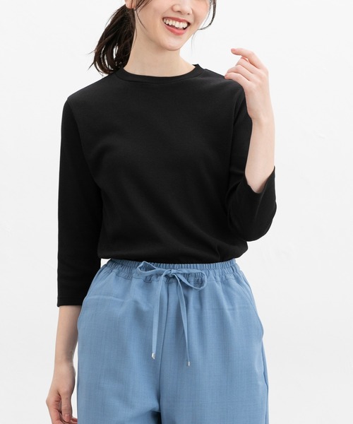 Honeys(ハニーズ)の「【UVカット】7分袖テレコTシャツ(Tシャツ/カットソー・レディース・オフホワイト/ライトイエロー/グレイッシュベージュ/ブラック/ライトピンク/ミント・L/LL/M/S)」の3枚目の写真