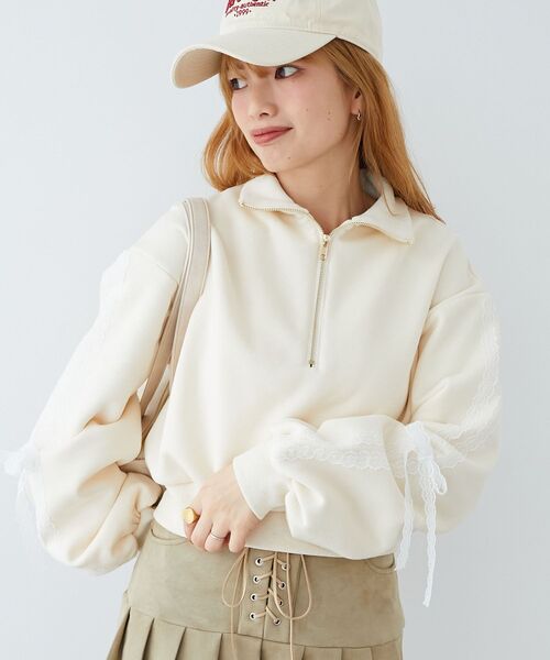 MAJESTIC LEGON（マジェスティックレゴン）の「レースリボンショート裏起毛スウェット（スウェット・レディース・アイボリー/グレー/チャコールグレー・MEDIUM）」の2枚目の写真