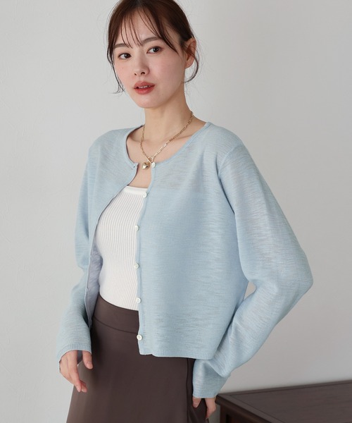 BLUEEAST（ブルーイースト）の「《新色追加/バイカラー》シアーニットカーディガン（カーディガン/ボレロ・レディース・ブラック/オフホワイト/ブルー/パープル/レッド/ホワイト系/グレー系/ネイビー系/イエロー・MEDIUM）」の10枚目の写真