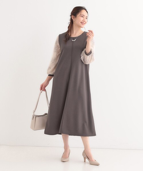 DRESKIP(ドレスキップ)の「◆1枚で上品に決まる お袖レース切り替え7分袖ワンピース(ワンピース・レディース・ナチュラル/ブラック/チャコールグレー・01/02/03/04)」の4枚目の写真