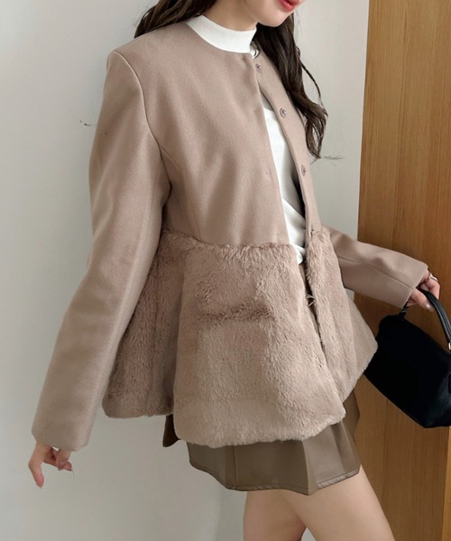 Ada.(エイダ)の「フェイクファー切り替え ペプラム ノーカラーコート(ノーカラーコート・レディース・アイボリー/ブラック/ベージュ・M/L)」の14枚目の写真