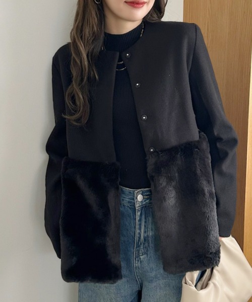 Ada.(エイダ)の「フェイクファー切り替え ペプラム ノーカラーコート(ノーカラーコート・レディース・アイボリー/ブラック/ベージュ・M/L)」の11枚目の写真