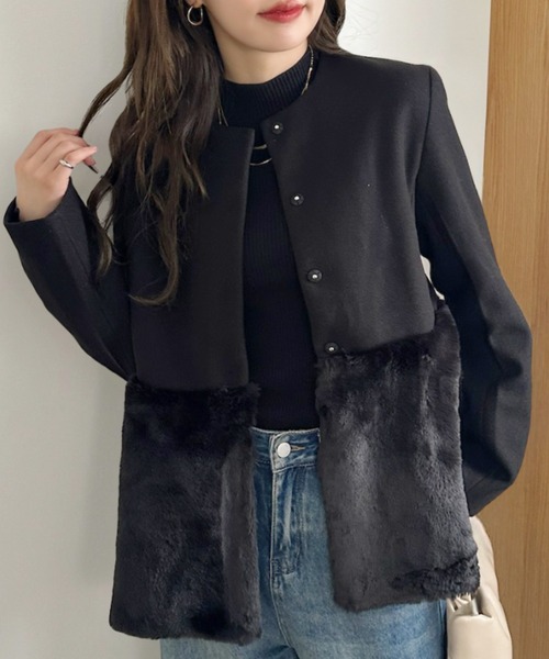 Ada.(エイダ)の「フェイクファー切り替え ペプラム ノーカラーコート(ノーカラーコート・レディース・アイボリー/ブラック/ベージュ・M/L)」の21枚目の写真