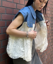 deux amour | ノースリデニム切り替えレースブルゾン(ブルゾン)