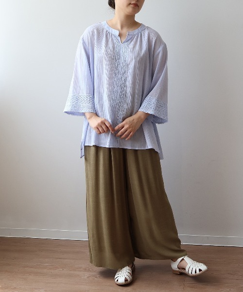 【MB】【Ｌ〜５Ｌ】ワッシャーコットンフロントレースブラウス セール】【L～5L 大きいサイズ】ワッシャーコットンフロント