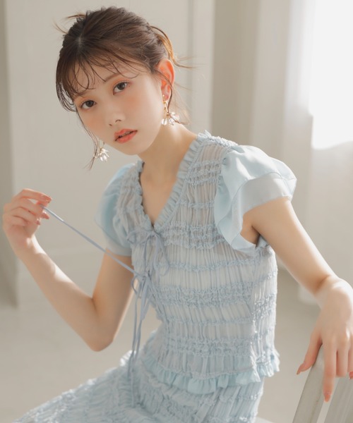 tシャツ 「AKB48千葉恵里さん着用」シャーリングカットトップス 夏服 シアートップス レディース AKB48千葉恵里さん着用】シャーリングカットトップス 夏服