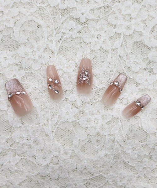 Lace Ladies（レースレディース）の「ビジュー付き バタフライ アート ラメ ネイルチップ（ネイルシール/ネイルチップ・レディース・ベージュ・M/S/XS）」の5枚目の写真