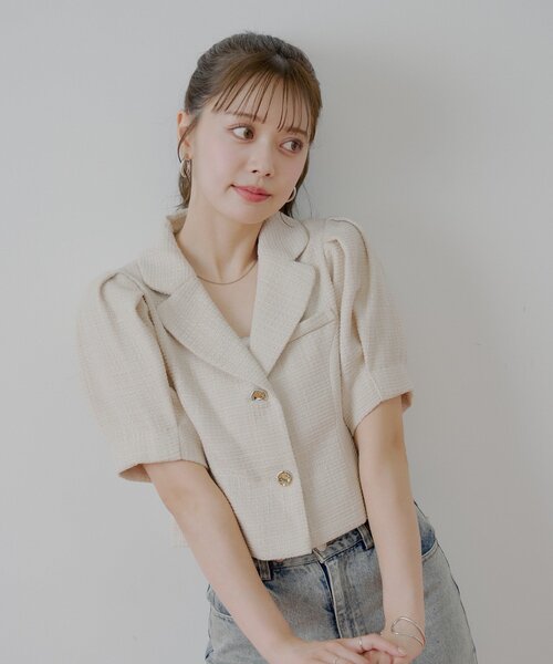 【美品】CLUB MONACO ツイードジャケット XS/TP セットアップ対応】パフスリーブショート丈ツイードジャケット