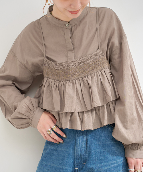 B.C STOCK（ベーセーストック）の「《追加》《2点セット》ウォッシャブル / フリルキャミソールレイヤードブラウス（シャツ/ブラウス・レディース・ブラック/カーキ/ホワイト・FREE）」の3枚目の写真