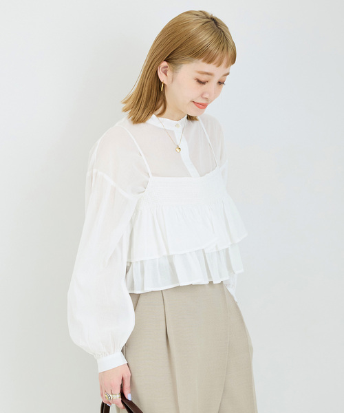 B.C STOCK（ベーセーストック）の「《追加》《2点セット》ウォッシャブル / フリルキャミソールレイヤードブラウス（シャツ/ブラウス・レディース・ブラック/カーキ/ホワイト・FREE）」の11枚目の写真