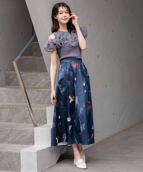 NOELA（ノエラ）の「【15周年】ボタニカルフレアスカート（スカート・レディース・ネイビー/サックスブルー/オフホワイト・S/M）」の3枚目の写真