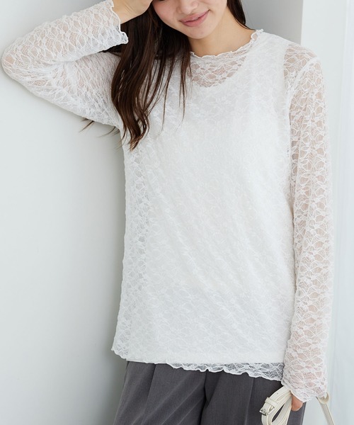 BELLUNA PLUS(ベルーナ)の「のびやかレース素材メロー使いプルオーバー(Tシャツ/カットソー・レディース・グレー/オフホワイト/ブラック・LARGE/X-LARGE/MEDIUM)」の6枚目の写真