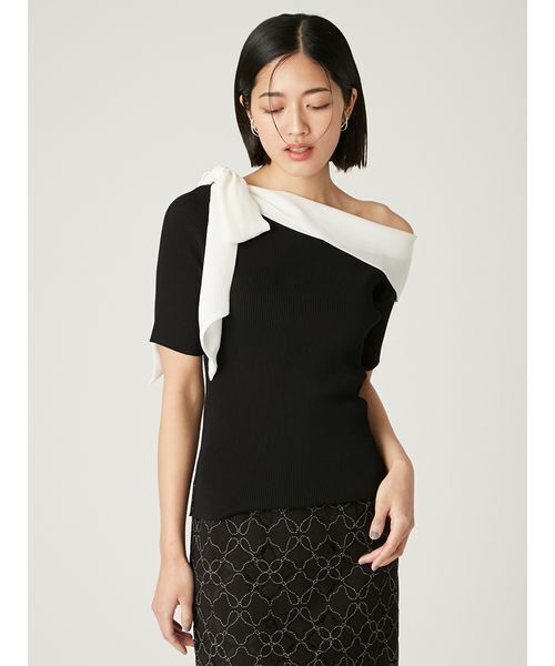 FRAY I.D シフォンリボンオフショルニット ブラック シフォンリボンオフショルニット（ニット/セーター）｜FRAY I.D