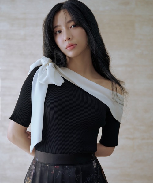 FRAY I.D シフォンリボンオフショルニット ブラック シフォンリボンオフショルニット（ニット/セーター）｜FRAY I.D