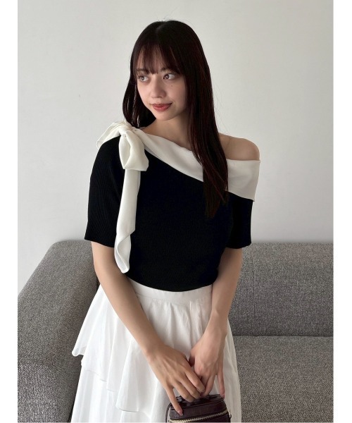 FRAY I.D シフォンリボンオフショルニット ブラック シフォンリボンオフショルニット（ニット/セーター）｜FRAY I.D