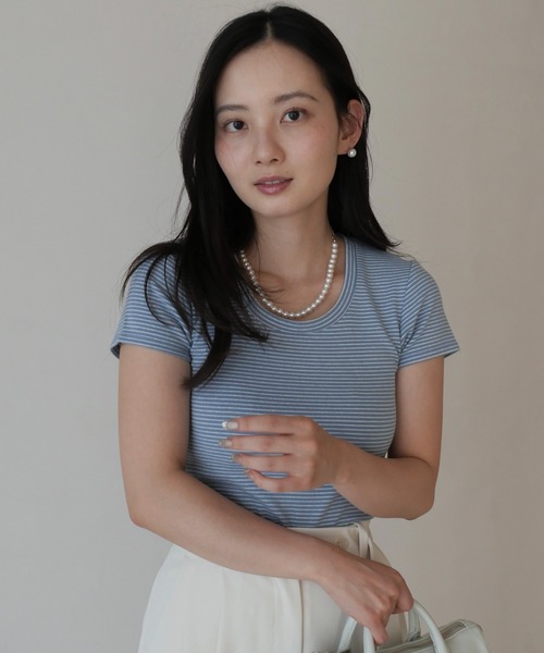 EIMY ISTOIRE（エイミーイストワール）の「ボーダーリブＴシャツ（Tシャツ/カットソー・レディース・ホワイト/サックスブルー/ピンク・F）」の2枚目の写真