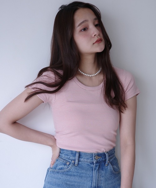 EIMY ISTOIRE（エイミーイストワール）の「ボーダーリブＴシャツ（Tシャツ/カットソー・レディース・ホワイト/サックスブルー/ピンク・F）」の3枚目の写真