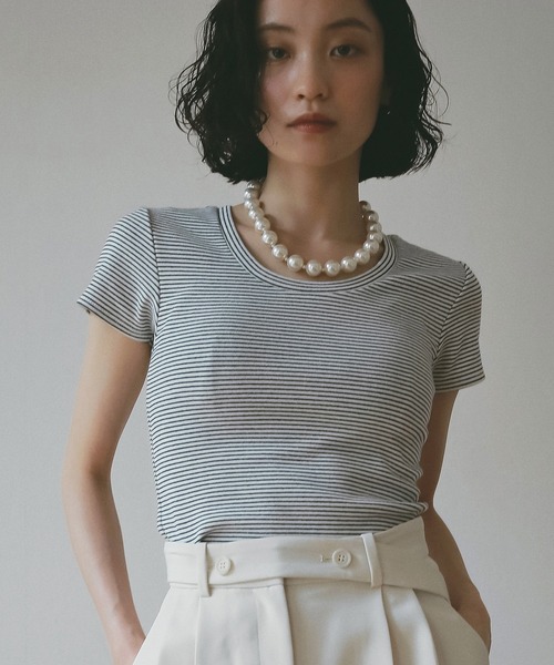 EIMY ISTOIRE（エイミーイストワール）の「ボーダーリブＴシャツ（Tシャツ/カットソー・レディース・ホワイト/サックスブルー/ピンク・F）」の4枚目の写真