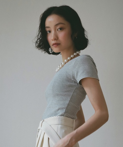 EIMY ISTOIRE（エイミーイストワール）の「ボーダーリブＴシャツ（Tシャツ/カットソー・レディース・ホワイト/サックスブルー/ピンク・F）」の5枚目の写真