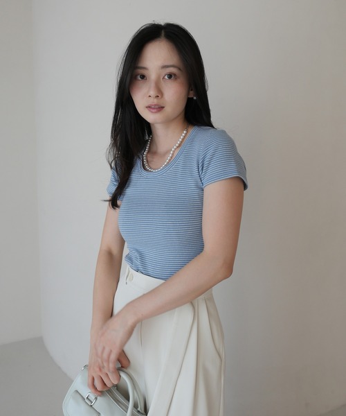 EIMY ISTOIRE（エイミーイストワール）の「ボーダーリブＴシャツ（Tシャツ/カットソー・レディース・ホワイト/サックスブルー/ピンク・F）」の12枚目の写真