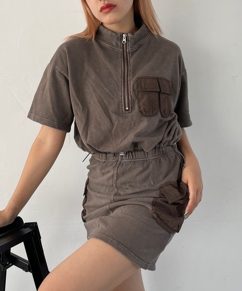 ROGER AND RAW(ロジャーアンドロウ)の「【セットアップ/上下セット】ナイロンドッキングTシャツ&スカートセット(ワンピース・レディース・ブラック/スミクロ/ブラウン/カーキ・FREE)」の3枚目の写真